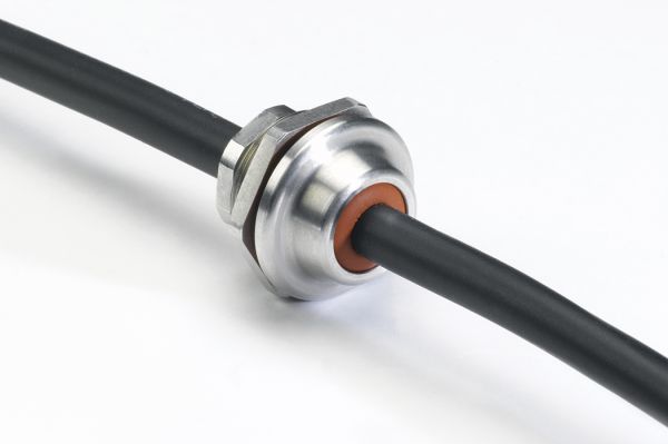 Stainless-steel cable gland with a black cable